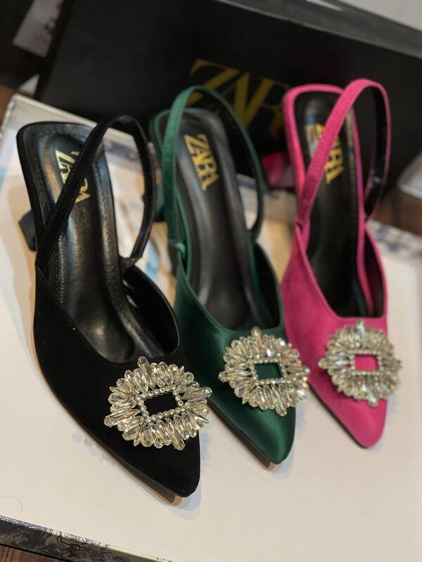 Satin Embellished Pointed-Toe Heels