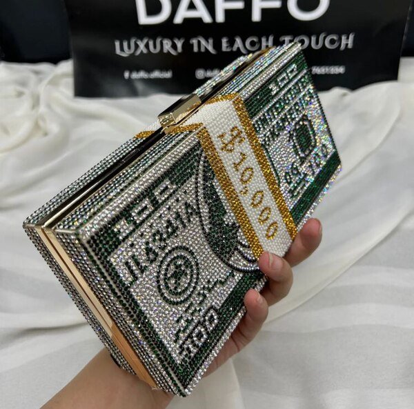 Dollar Clutch with Handle - Fully Diamond Embellished Statement Bag
