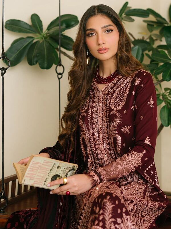 523A_2 Olivia by Bin Iliyas - Elegant 3-Piece Embroidered Suit with Luxurious Palachi Shawl 523 - A | 3 PC Kotrai