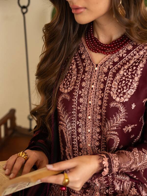 523A_3 Olivia by Bin Iliyas - Elegant 3-Piece Embroidered Suit with Luxurious Palachi Shawl 523 - A | 3 PC Kotrai