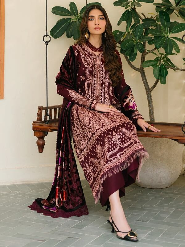 523A_4 Olivia by Bin Iliyas - Elegant 3-Piece Embroidered Suit with Luxurious Palachi Shawl 523 - A | 3 PC Kotrai