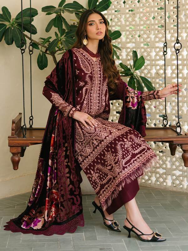 523A_5 Olivia by Bin Iliyas - Elegant 3-Piece Embroidered Suit with Luxurious Palachi Shawl 523 - A | 3 PC Kotrai