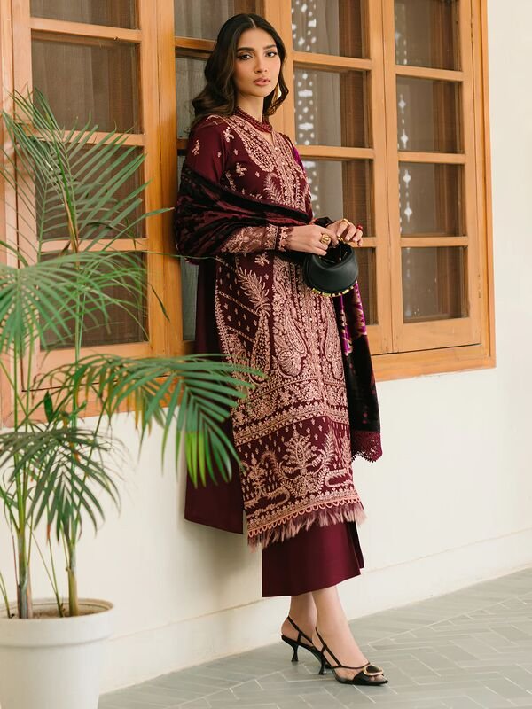 523A_6 Olivia by Bin Iliyas - Elegant 3-Piece Embroidered Suit with Luxurious Palachi Shawl 523 - A | 3 PC Kotrai