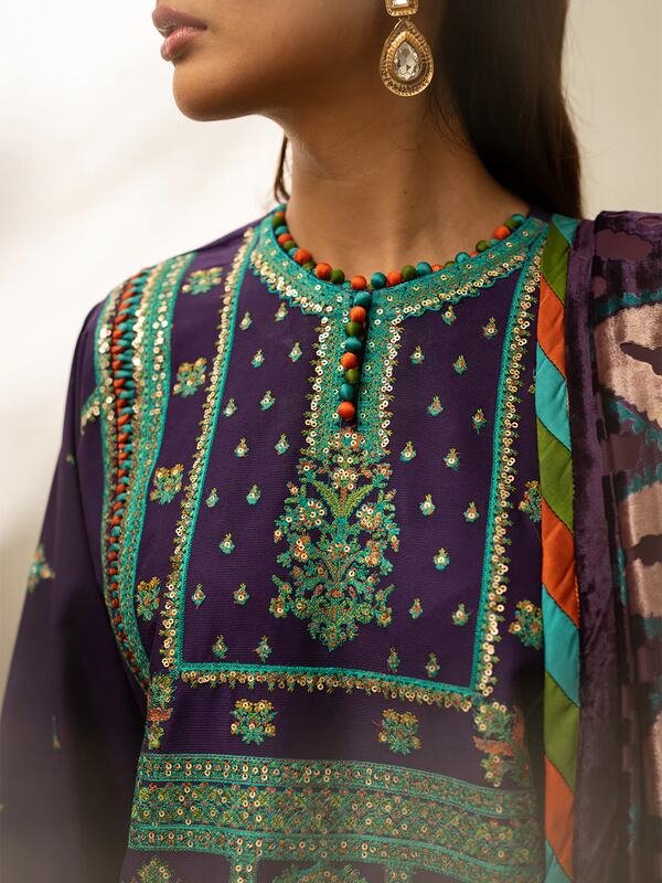 Olivia by Bin Iliyas - Luxurious 3-Piece Embroidered Suit with Elegant Palachi Shawl 524 - B | 3 PC Kotrai